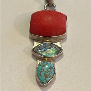 Artisan Silver Pendant of Red Coral, Turquoise & Abalone